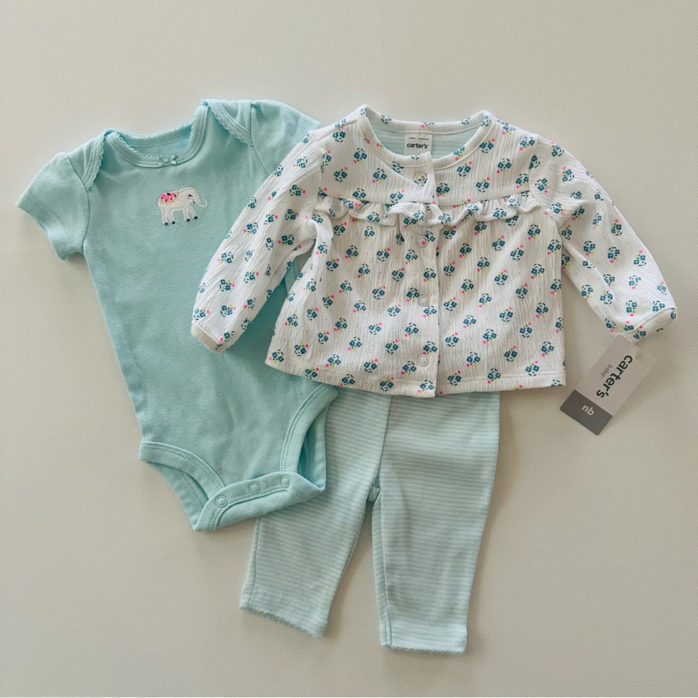 Carter’s Newborn Baby Girl Cardigan Bodysuit Pants Set Outfit Elephant Floral
